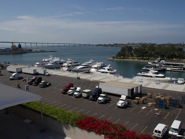 In the middle of the image we can see several vehicles parked in a parking lot. To the right side...