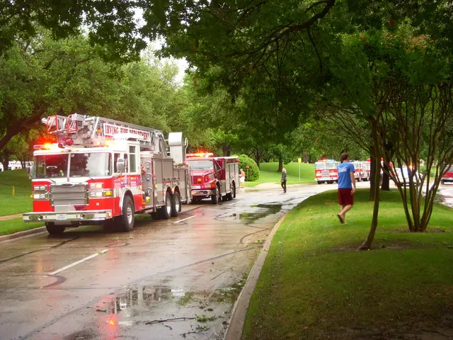 In the picture I can see many fire engines on the road, I can see the water on the road, people...